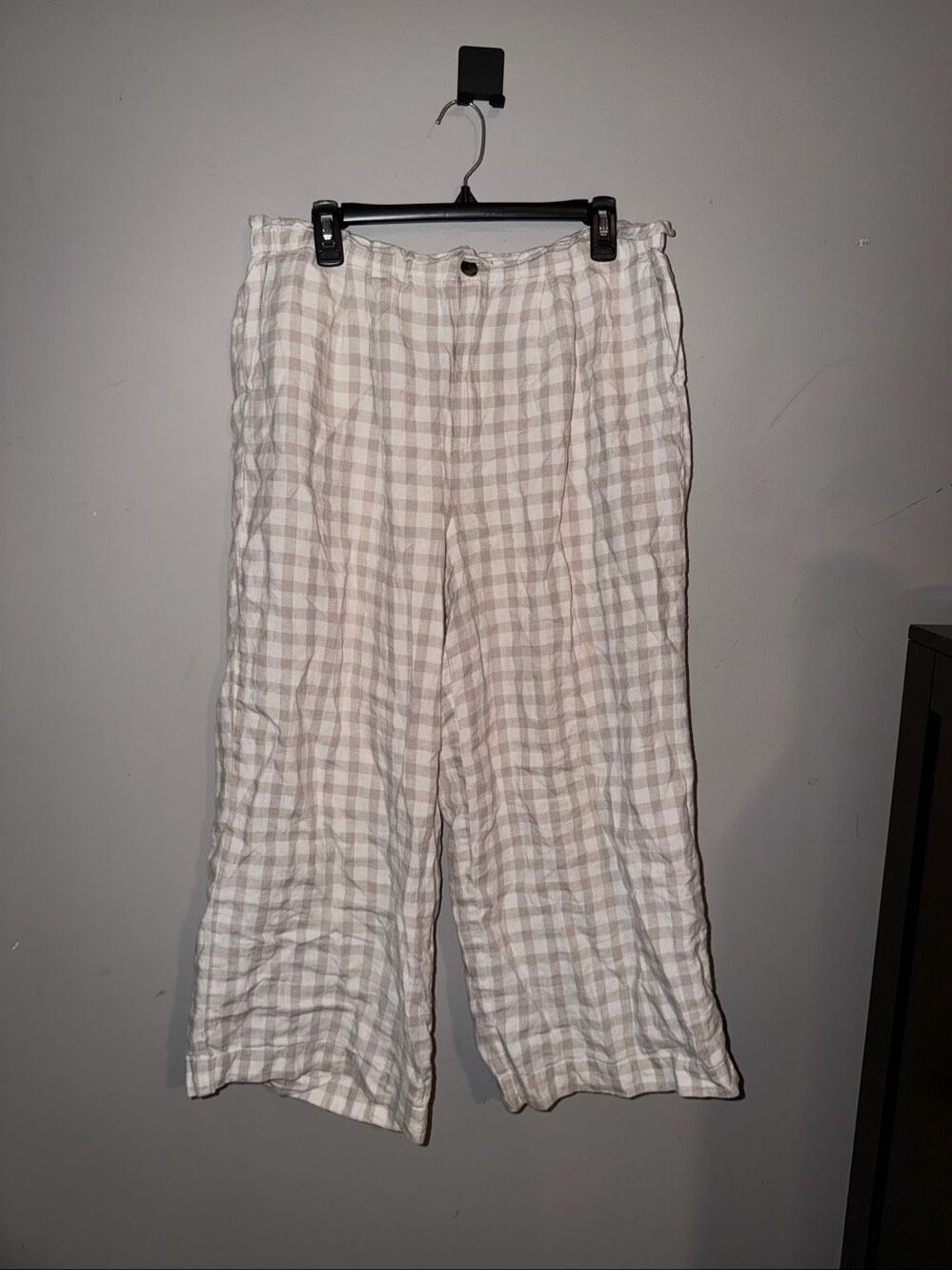 Lou & Grey 100% linen beige gingham wide leg pull pants large Petite